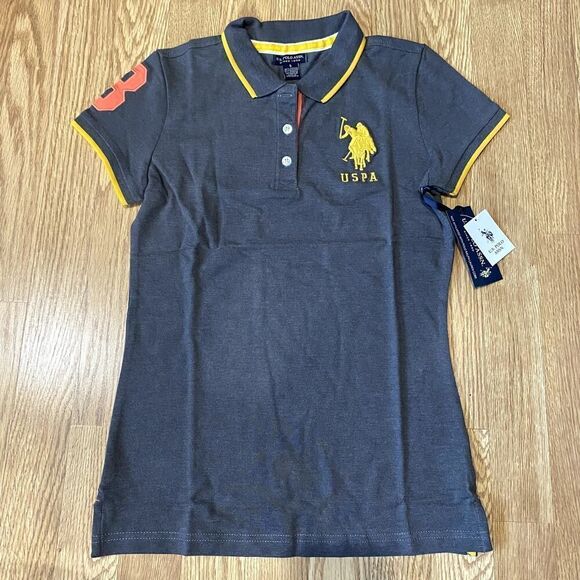 US Polo Association Triple Crown Short Sleeve Polo Gray Yellow Small - Picture 1 of 8